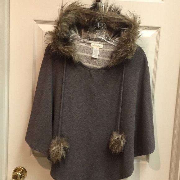 Taupe Poncho with Faux Fur Trim & Pom Poms - Picture 8 of 8